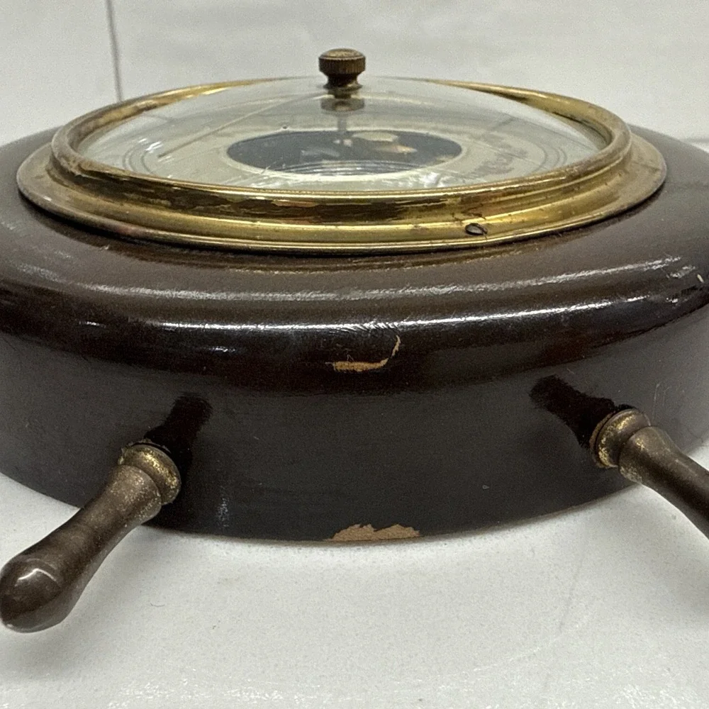 Vintage Aneroid Barometer Ships Wheel Nautical Wood Brass West Germany Tested